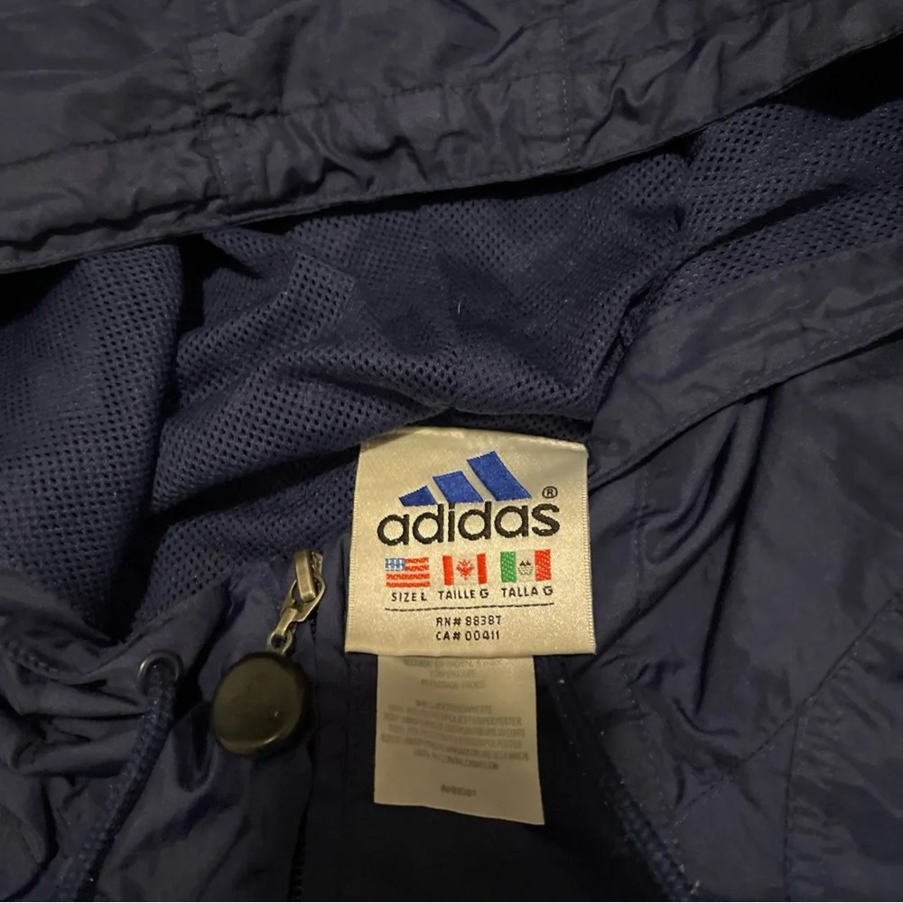 Vintage Adidas 1/4 Zip Dark Blue Hooded Jacket with White Stripes Size L 90s